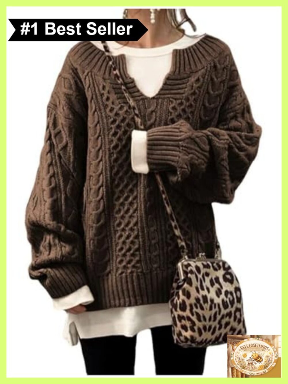 Women's Chunky Cable Knit V Neck Loose Sweater Pullover